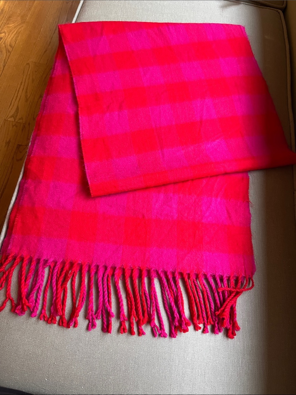 Fuchsia Pink and Red Checked Plaid Scarf with Fringe